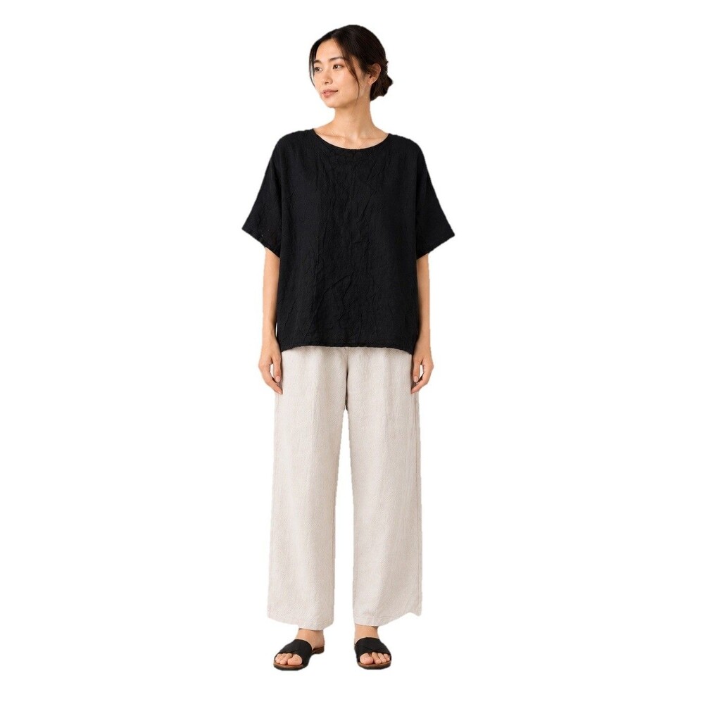 Vintage Made in Italy 100% Linen Black Boxy Blouse Top Lagenlook Boho One Size